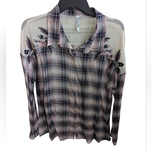 Monoreno Plaid Button Down Shirt with Embroidery